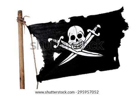 Waving in the wind pirate flag on the mast. Isolated on white