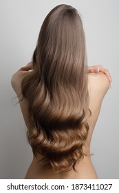 Wavy Blonde Brown Hair Back View. Grey Background