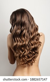 Wavy  Brown Hair Back View. Grey Background