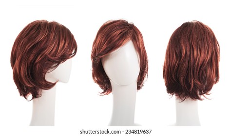 Wavy hair wig over the white plastic mannequin head isolated over the white background, set of three foreshortenings