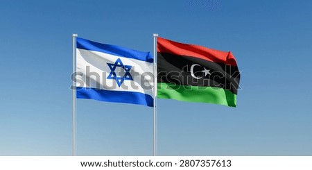 Wavy Israel and Libya Flags and Clear Blue Sky