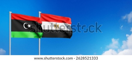 Wavy Libya and Egypt  Flags and Blue Sky