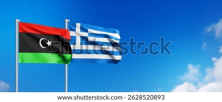 Wavy Libya and Greece  Flags and Blue Sky