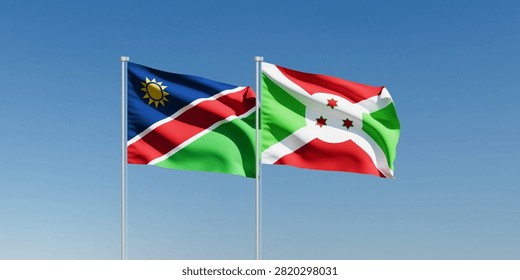 Wavy Namibia and Burundi Flags and Clear Blue Sky