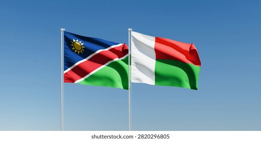 Wavy Namibia and Madagascar Flags and Clear Blue Sky