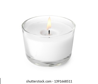 Wax Candle In Glass Holder On White Background