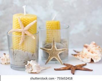 Wax Candles  In Jars With Sea Sand, Sea Shells. Marine Style Home Accessories For Beach Themed Interior Decorating