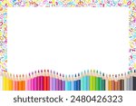 Wax Colorful Crayon Numbers Font and Wave of Wooden Pencils Frame Over White Background. Back to School Concept with Copy Space