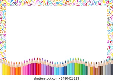 Wax Colorful Crayon Numbers Font and Wave of Wooden Pencils Frame Over White Background. Back to School Concept with Copy Space - Powered by Shutterstock