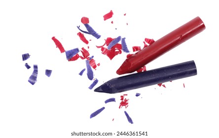 Wax pastel, colorful crayons and spiral shavings from sharpener isolated on white, top view - Powered by Shutterstock