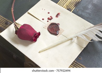 Wax sealed love letter with rose and quill on vintage background