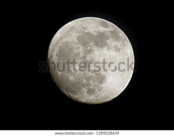 Waxing gibbous moon phase at 97.3% percentage of\
illumination. Night before Super Blood Wolf Moon (or lunar eclipse)\
on January 20-21 2019