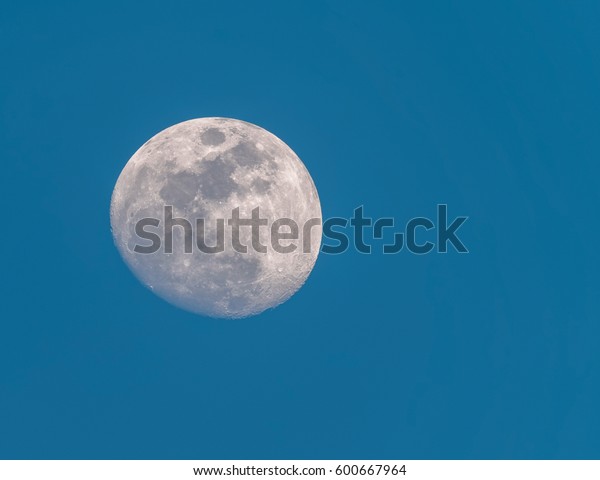 Waxing Gibbous phase of the Moon in the blue
morning sky background. Detailed craters. Closeup. The moon is on
the left. Copy space.