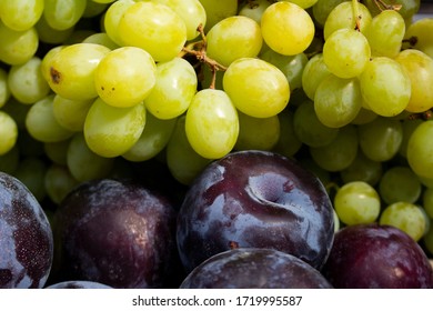 waxy fruits , colorful variety of fruits on counter of farmer's market. green grapes, plums close up selective focus. Fruit is a source of vitamins and health. concept of strengthening immunity - Shutterstock ID 1719995587