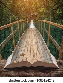 Way by the suspension bridge in a misty forest on the pages of an open magical book. Majestic landscape. Nature and education concept.