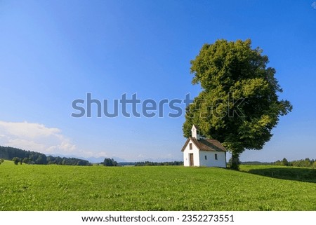 Way chapel in Kellerhof in Bavaria under a big oak tree with blue sky