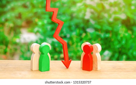 The Way Of The Deal, Humility And Dialogue. Two Groups Of People Separated By A Red Arrow. Concept Of Conflict Of Interest And Confrontation. Deplomic Negotiation And Showdown. Selective Focus.