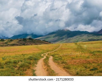 Way to the distance, way over the hill to the sky. Dirt road through the field. Atmospheric foggy mountain scenery with length road among hills.