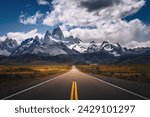 A way to el chalten with Fitz Roy and cerro torre mountain as background and dramatic sky (Patagonia, Argentina)
