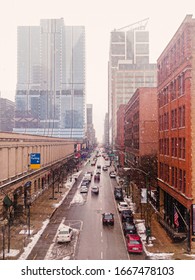 The Way Forward On City Street With Snow Falling. Aerial View In West Loop, Chicago.