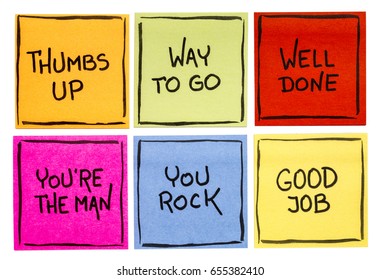 Way To Go, Good Job, Well Done, You're The Man, Thumbs Up, You Rock - A Set Of Isolated Sticky Notes With Positive Affirmation Words