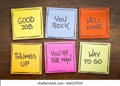 Way To Go, Good Job, Well Done, You're The Man, Thumbs Up, You Rock - A Set Of Colorful Sticky Notes With Positive Affirmation Words Against Rustic Wood