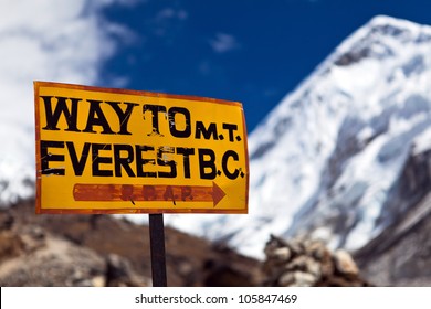 Way To Mt. Everest Base Camp Signpost In Himalayas, Nepal