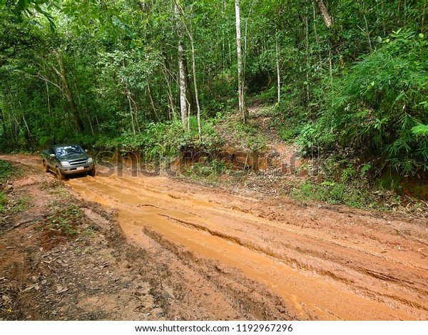 The\
way of red mud in deep jungle for the off road\
truck