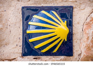 Way of St James Pilgrim Trail Camino de Santiago Tile Marker with the Scallop Shell Symbol on a House Wall