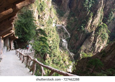 The way up , Stone Steep Steps . Treking walking hking Huangshan Mountain. Anhui, China. April 2009
