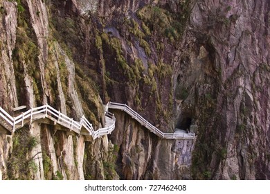 The way up , Stone Steep Steps . Trekking walking hiking Huangshan Mountain. Anhui, China. 13th , April 2009