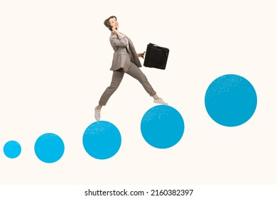 Way To Success. A Positive Woman Walks Easily. The Woman Smiles And Walks In Blue Circles. The Girl Uses A Smartphone. A Cheerful Person. Moving Up, Achieving Goals. 