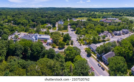 Wayland historic town center panoramic aerial view in summer at Boston Post Road and MA Route 27, including First Parish Church and Town Hall, Wayland, Massachusetts MA, USA. 
