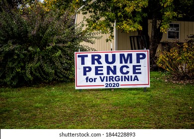 Waynesboro, USA - October 27, 2020: Trump Pence For Virginia 2020 Political Yard Sign Poster During US Presidential Elections In August County