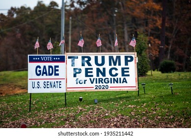 Waynesboro, USA - October 27, 2020: Trump Pence For Virginia 2020 Presidential Election Sign And Vote For Gade For US Senate Political Ad Poster In August County