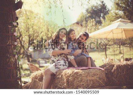 Image, Stock Photo Woman eating piece of cake in summer party