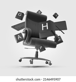 We Are Hiring A Graphic Designer Poster A Chair With Keyboard Letter Floating Arounds