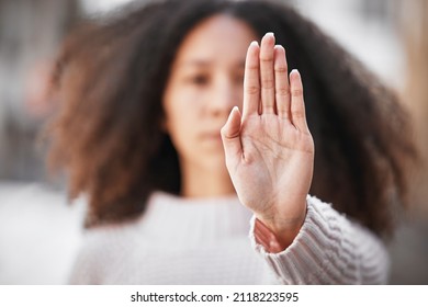 We Need Women At All Levels. Shot Of An Unrecognizable Woman Making The Stop Sign With Her Hand Outside.