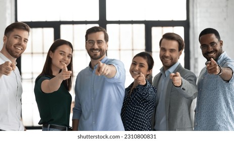 We need you. Happy confident professional group pointing finger at camera. Diverse millennial team of employees making choice, offering job, searching candidates for hiring. Head shot photo portrait - Powered by Shutterstock