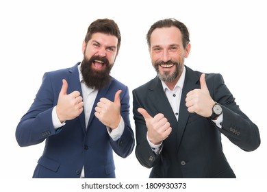 We Offer Only The Best. Happy Businessmen Give Thumbs Up Hands. Bearded Men Smile With Thumbs Up Gesture. Gesturing Thumbs Up. Hand Signs. Thumbs Up Approval.