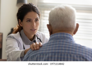 We Shall Fight Your Disease Together. Professional Doctor Oncologist Talk To Upset Aged Male Convince To Mobilize Strength For Struggling With Cancer. Trusted Family Therapist Support Old Man Patient