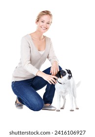 We take good care of each other. A gorgeous young woman kneeling next to her Jack Russell.