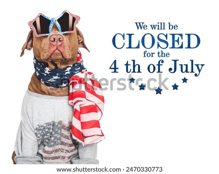 We will be closed for the 4th of July. Signboard and a cute dog. Closeup, indoors. Studio shot. Congratulations for family, loved ones, friends and colleagues. Pets care concept