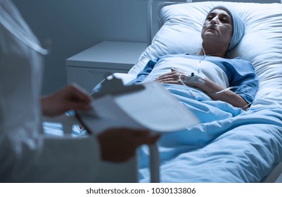 Weak And Dying Patient With Malignant Tumor Lying In A Hospital Bed