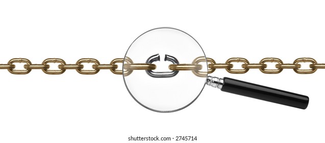  Weak Link In A Chain Viewed Through A Magnifying Glass On White Background