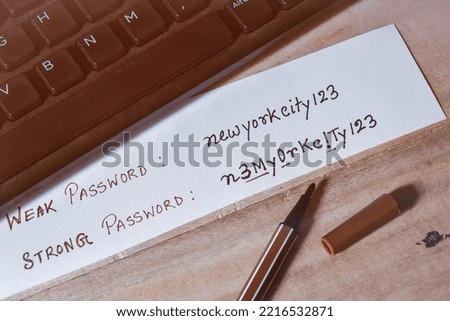 Weak and strong password setting hints on a piece of paper on office desk. Close-up, selective focus.