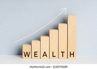 Wealth Concept. Wooden Block Bar Chart Graph With Text And Upward Trend Line Drawn On Background. Copy Space