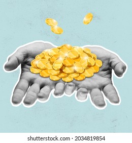Wealth, income, profit and savings concept. Contemporary art collage with male hand folding pyramid from yellow coins isolated on green background. Copyspace for ad, offer. - Shutterstock ID 2034819854