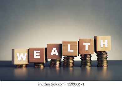 wealth text written on wooden block with stacked coins on grey background - Shutterstock ID 313380671