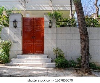Wealthy Family House Front Entrance Red Door By The Sidewalk, Athens Greece
